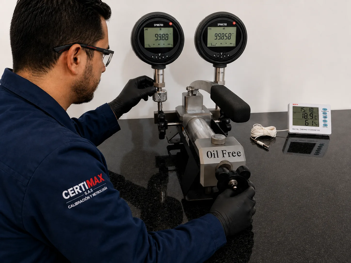 Técnico calibrando un instrumento de medición en un laboratorio de metrología