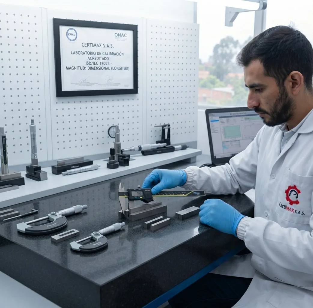 Micrómetro y calibrador sobre mesa de granito en un laboratorio dimensional